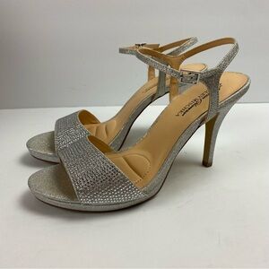 American Glamour Badgley Mischka Silver Sparkle Sandal Strappy Heels Formal 8.5